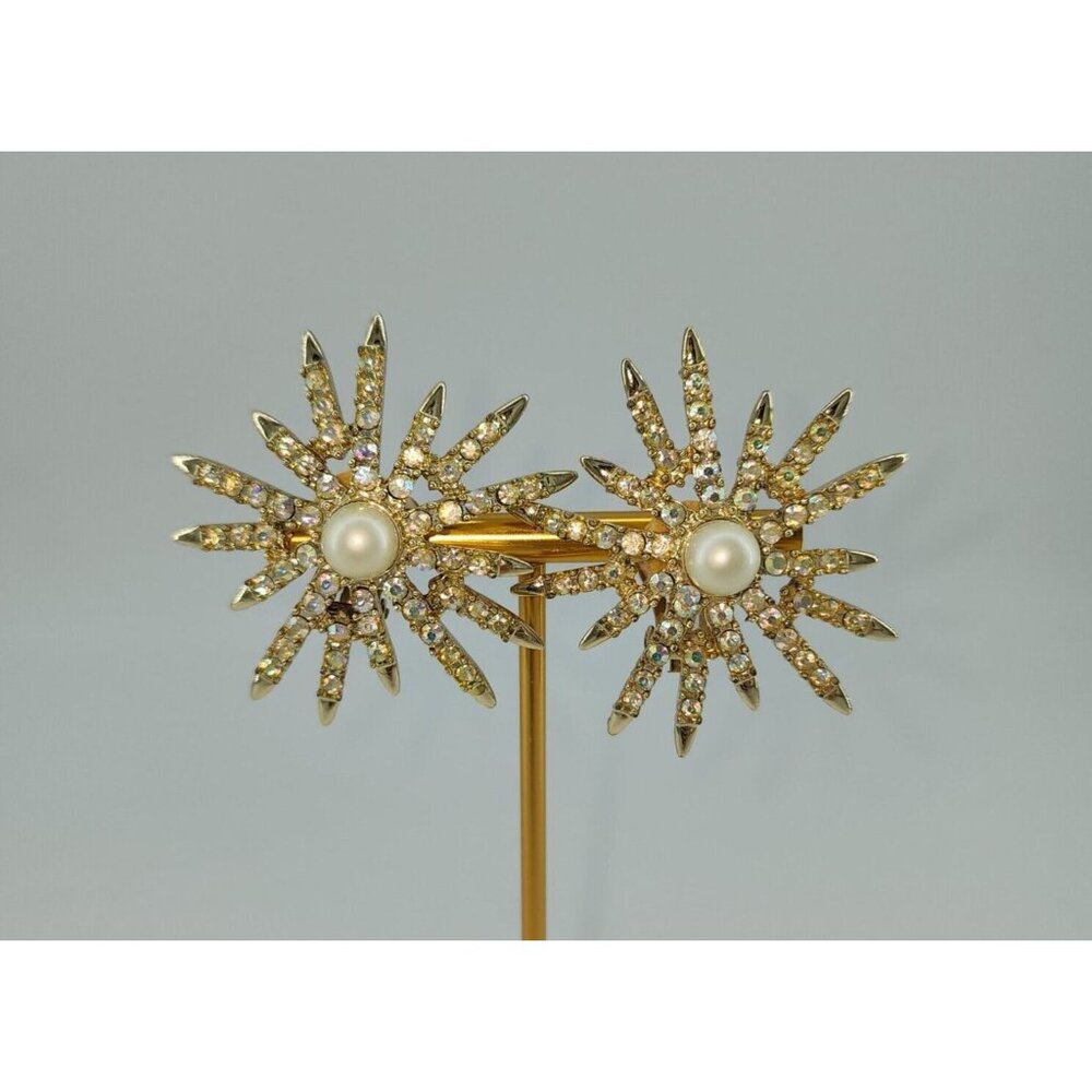 Emmons Retro Faux Pearl Aurora Borealis Rhinestone Clip-On‎ Starburst Earrings